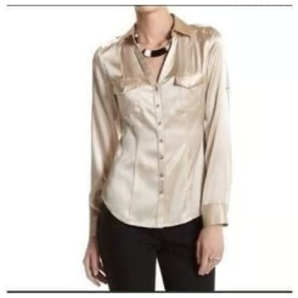 Women's Silk Blouse Sz 4 Champagne Button Down Long Sleeve Workwear Minimalist - Picture 1 of 10